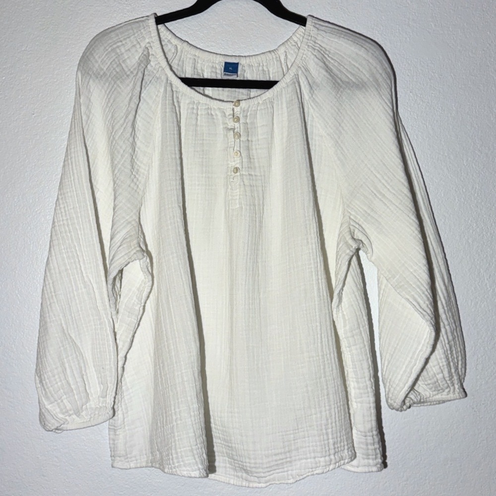 Old Navy White Gauze Cotton Peasant Top Long Sleeve Button Neck Cottagecore XL